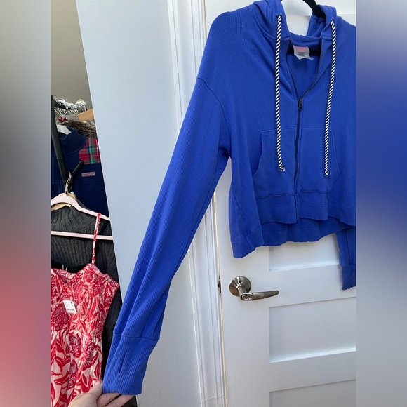 Terez blue ribbed zip up cropped hoodie - Picture 5 of 7